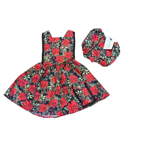 NWT Girls Christmas Poinsettia Print Dress & Bloomers Set 7/8 - Picture 1 of 9